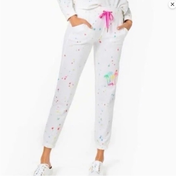 Lilly Pulitzer Mallie paint-splatter jogger pant embroidered palm tree logo M - Picture 12 of 12